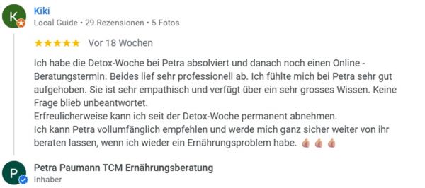 Google-Bewertung Detox-Kur und Ernährungsberatung Petra Paumann